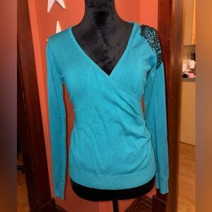 ❌ FINAL CALL❌NWT Elegant Teal Wrap Sweater with Black Bead/sequin Detail